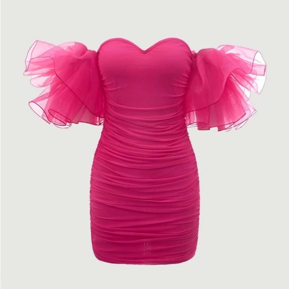 SHEIN MOD Off Shoulder Hot Pink Ruffle Trim Ruched Mesh Bodycon Dress XS